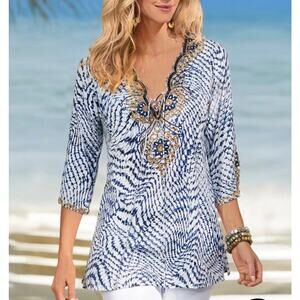 Soft Surroundings Blue South Beach Beaded Lace-up Tunic Top Women’s Plus Size 1X